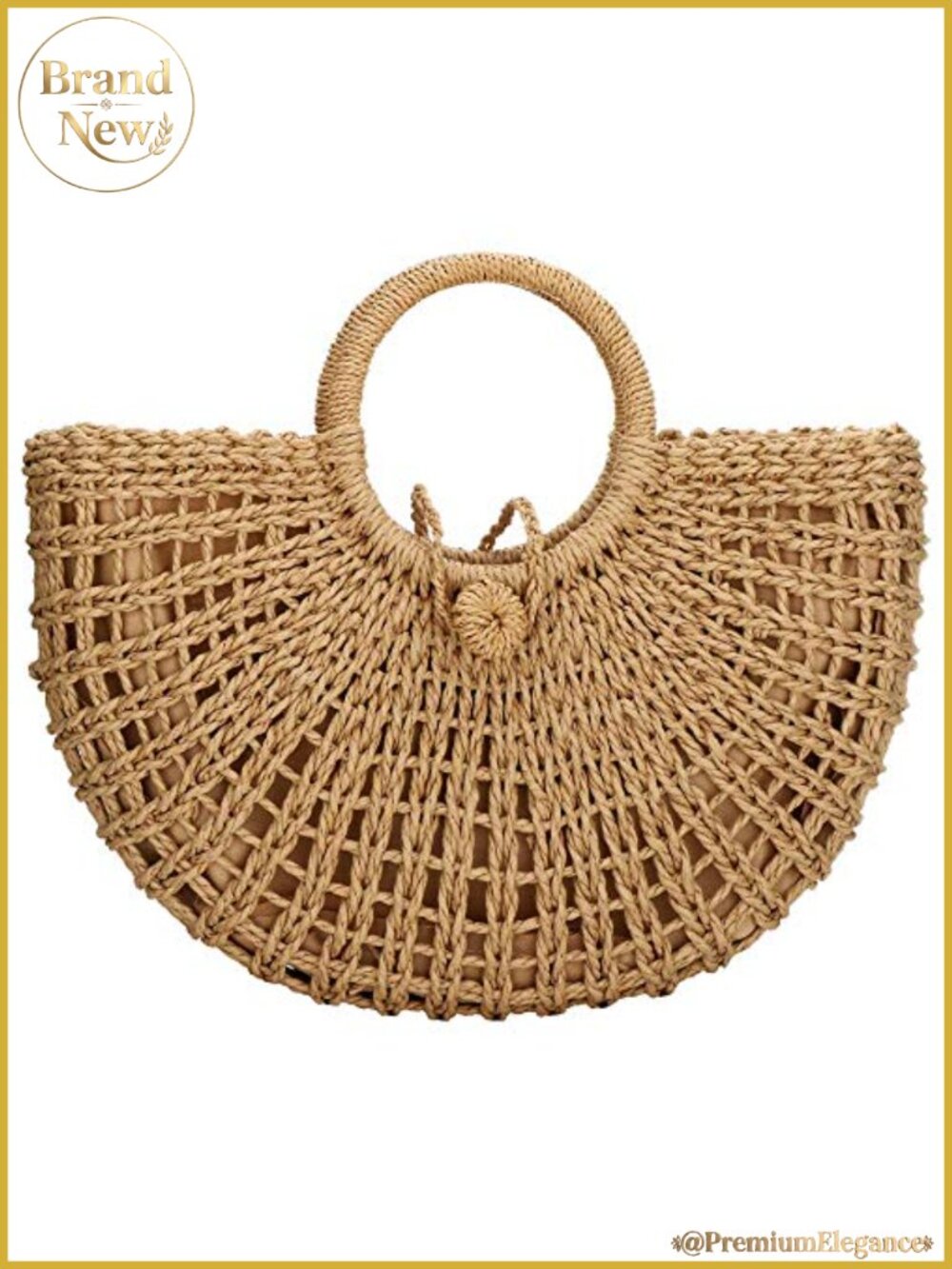 Hand-woven Straw Tote Bag with Round Ring Handle Summer Beach Rattan Handbag